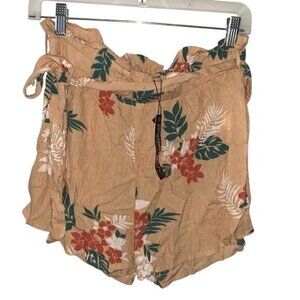 Papermoon Womens Floral Print Ruffle Hem Shorts With Drawstring Waist Tan/Green